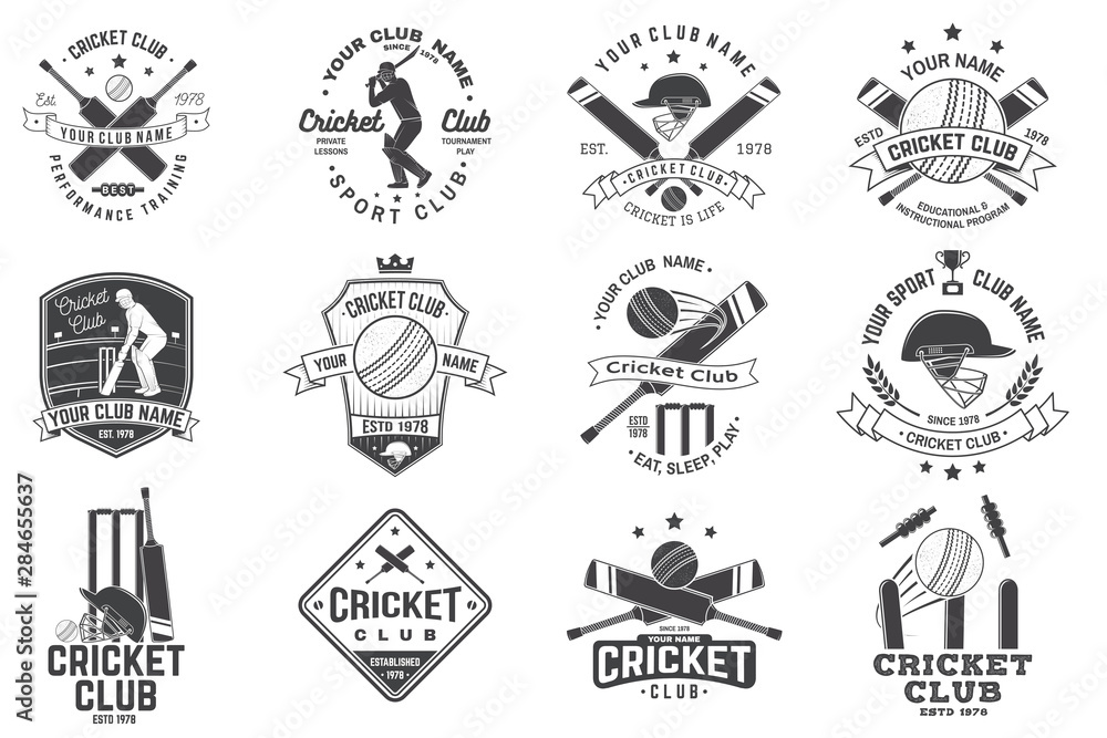 Set of cricket club badges. Vector. Concept for shirt, print, stamp or tee. Templates for cricket sports club.