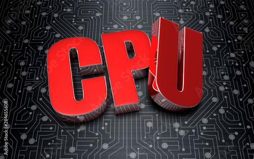 CPU 3D rendering placed on the black electronic circuit. photo