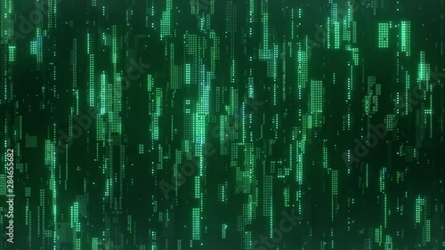 The abstract high-tech digital background represents machine learning. The bright green flickering pixels combined into matrices randomly spaced over a dark background.