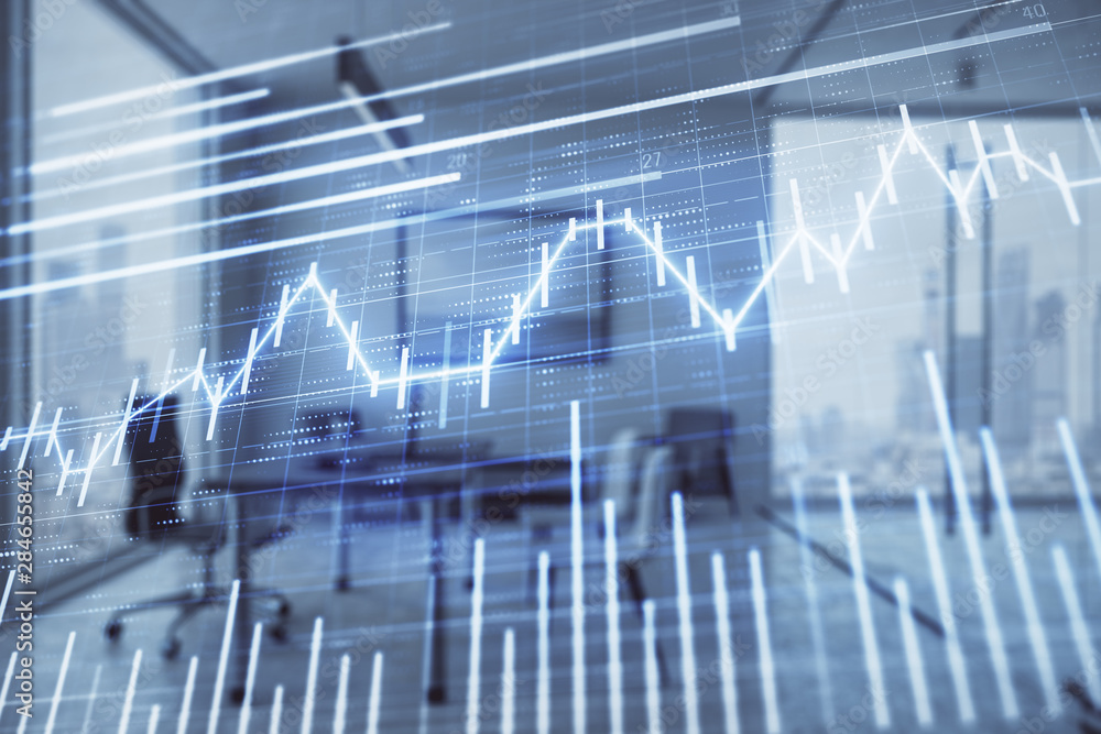 Business theme graph hologram with minimalistic cabinet interior background. Double exposure. Stock market concept. Business theme graph hologram with minimalistic cabinet interior background. Double exposure. Stock market concept.