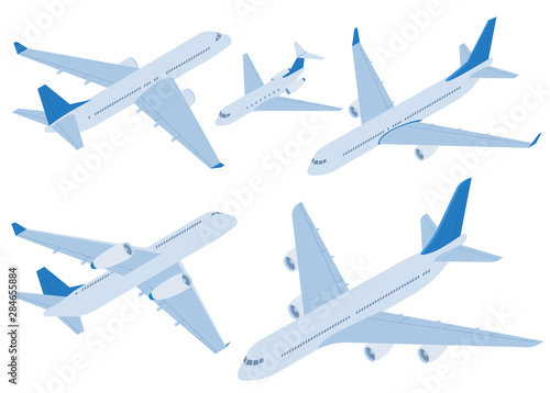 Flat design vector isometric airplanes set. Private jet. Passenger airplane, private jet and airline plane. Transportation and aircraft icons and design element set.