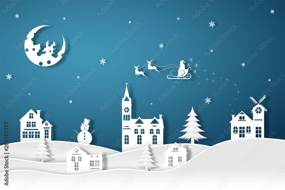 Merry Christmas and Happy New Year.Illustration of Santa Claus on the night sky in the winter.paper art design.