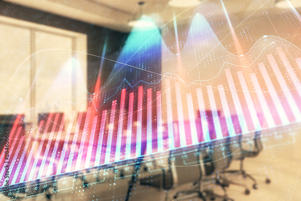 Double exposure of forex chart on conference room background. Concept of stock market analysis Double exposure of forex chart on conference room background. Concept of stock market analysis