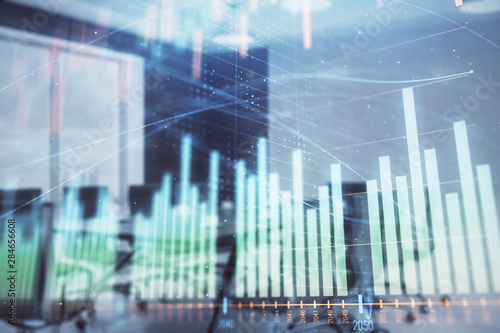 Double exposure of forex chart on conference room background. Concept of stock market analysis