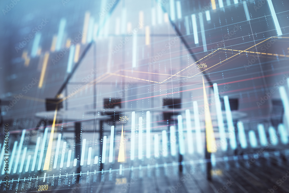 Double exposure of forex chart on conference room background. Concept of stock market analysis Double exposure of forex chart on conference room background. Concept of stock market analysis