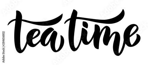 Tea time brush lettering hand-drawn composition. Black and white isolated minimalistic ink illustration for posters, cards and other.