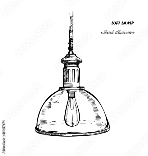 Hand drawn loft lamps and glass dome .Modern ceiling lights in industrial style.Sketch illustration