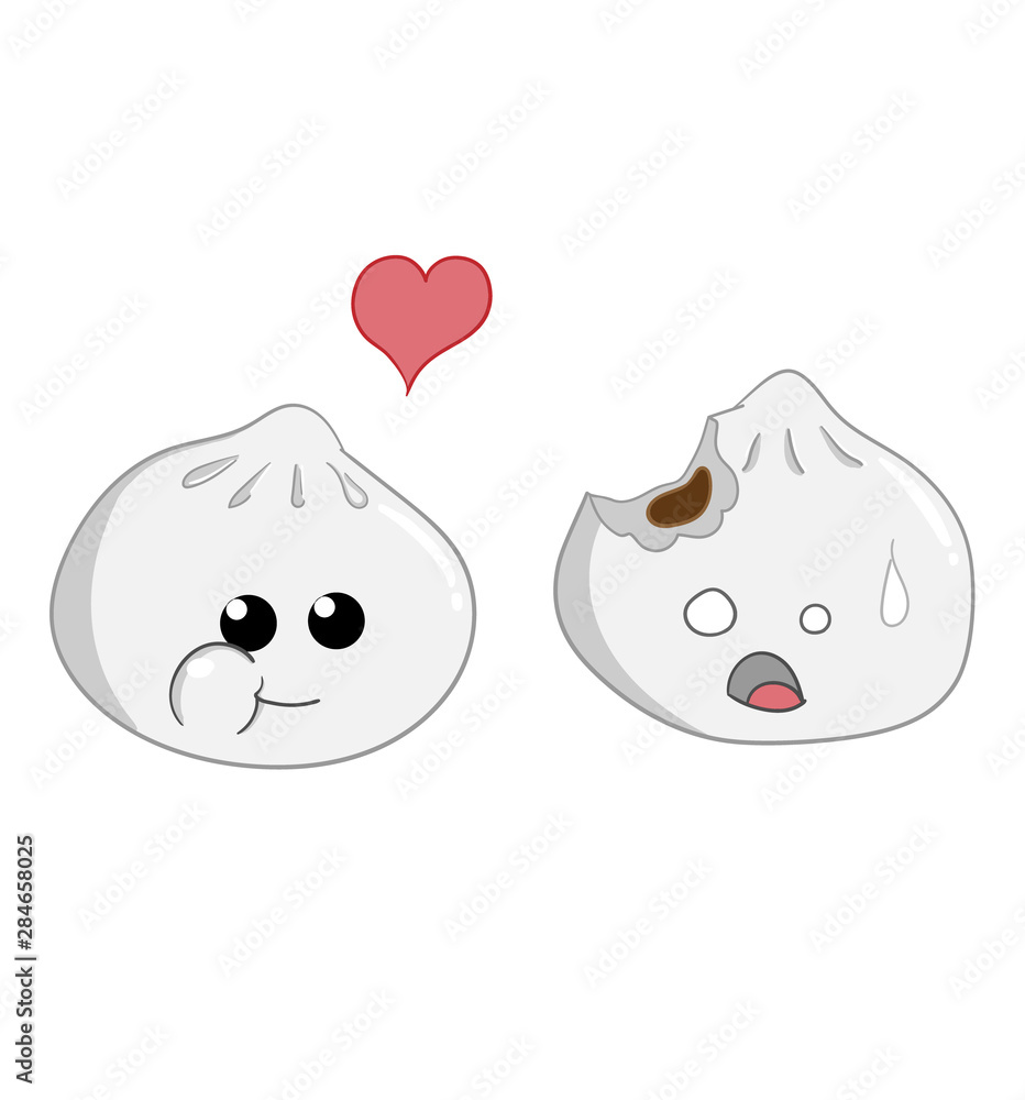2D flat, Abstract kawaii character, Vector design steamed dumpling is shocked with her eating itself, creative illustration cute cartoon object on white background, Cute & Kawaii food conceptual. 2D flat, Abstract kawaii character, Vector design steamed dumpling is shocked with her eating itself, creative illustration cute cartoon object on white background, Cute & Kawaii food conceptual.