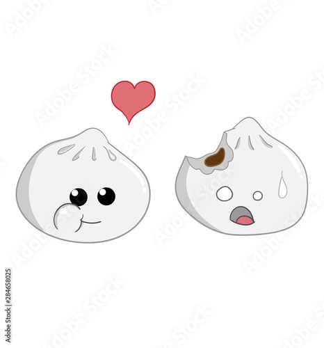 2D flat, Abstract kawaii character, Vector design steamed dumpling is shocked with her eating itself, creative illustration cute cartoon object on white background, Cute & Kawaii food conceptual.