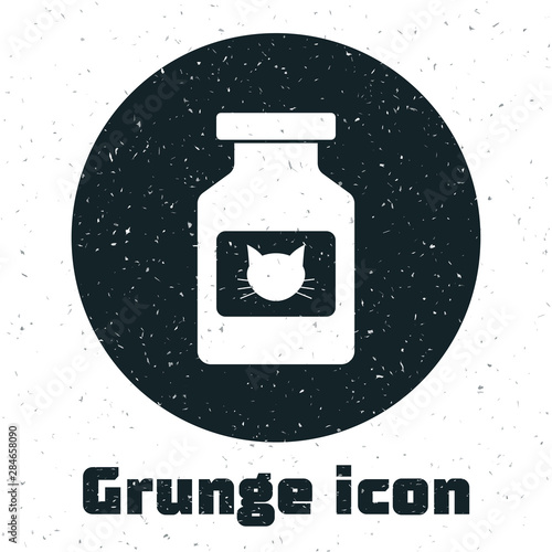 Grunge Cat medicine bottle icon isolated on white background. Container with pills. Prescription medicine for animal. Vector Illustration