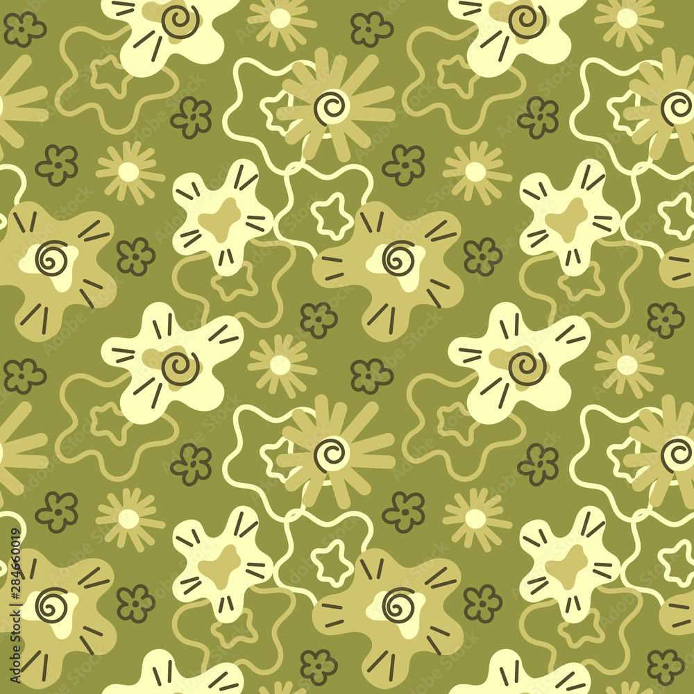 Abstract seamless pattern with leaves and flowers. Hand drawn vector on modern style