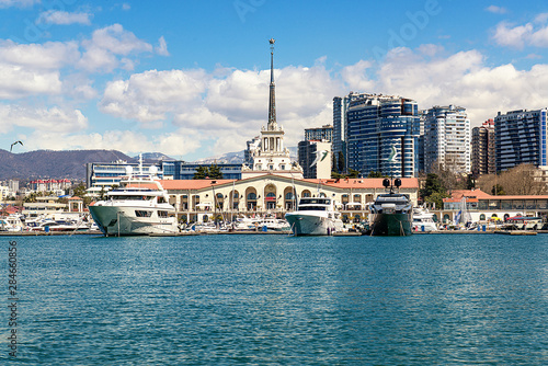 Panorama of the port with yachts in Sochi, Russia - March 30, 2019....