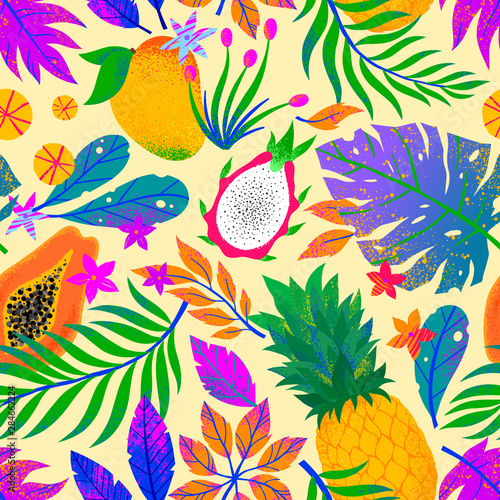 Summer vector seamless pattern with hand drawn tropical leaves,fruits and flowers.Multicolor plants.Exotic background perfect for prints,wrapping paper,t-shirts,textile,background fill,social media.