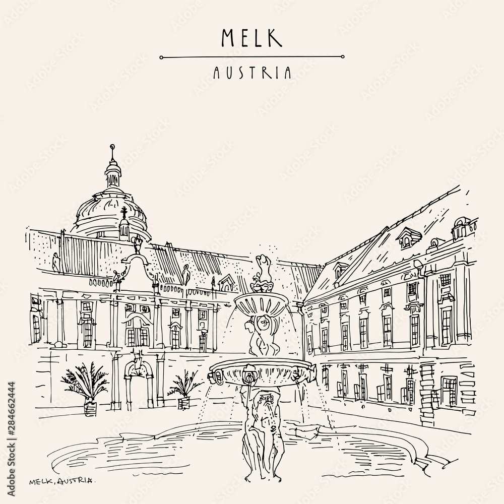 Melk, Lower Austria. Austria, Europe. Fountain at Prelate's Courtyard in Melk Benedictine Abbey. Hand drawing. Travel sketch. Vintage touristic postcard, poster, brochure or book illustration. Vector