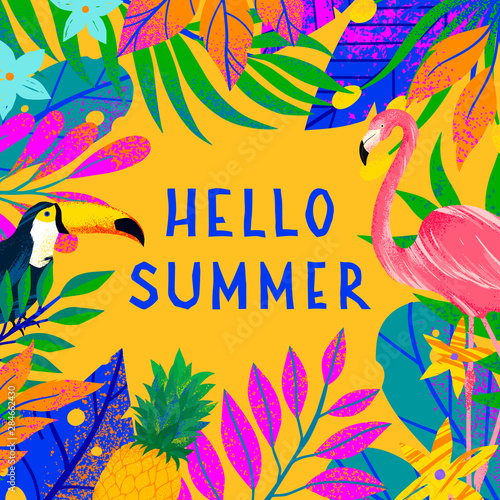 Summer vector illustration with bright tropical leaves,flamingo and toucan.Multicolor plants with hand drawn texture.Exotic background perfect for prints,flyers,banners,invitations,social media.