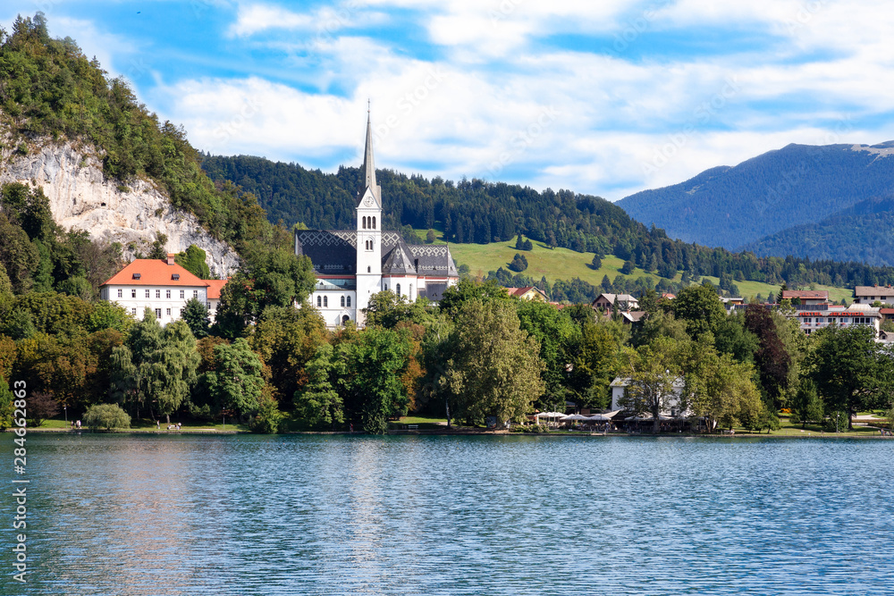 Church of St. Martin on lake of Bled.  The current neo-Gothic church, dedicated to Saint Martin, was built in 1905 where a Gothic church of the 15th century once stood.