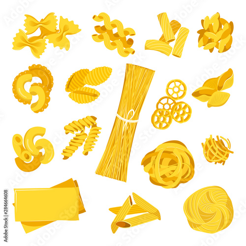 Pasta collection isolated on white background. Vector flat cartoon illustration. Italian cuisine design elements set