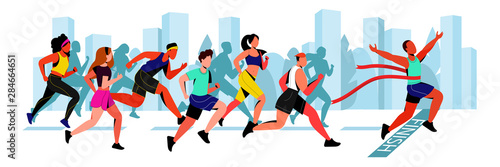 Young guy wins in city marathon. Vector flat cartoon horizontal illustration. Winner man with red ribbon on finish line.