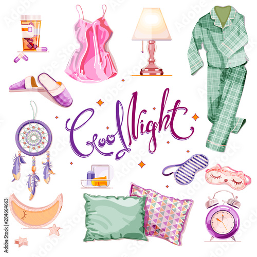 Bedtime and bedroom design elements. Vector cartoon illustration. Good night calligraphy lettering and sleep icons set