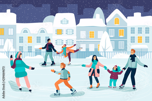 Happy young people skating. Couple, kids and family spend time on ice rink. Vector flat cartoon illustration.