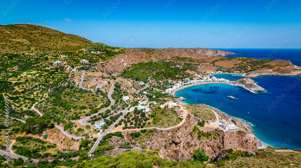 Panoramic landscape view of Kapsali Bay, Kythira Island, Greece.