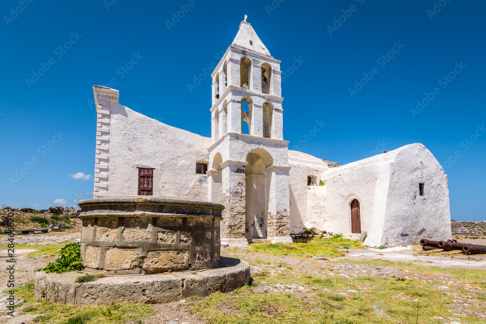 Old white church of Kythira Island, Greece.