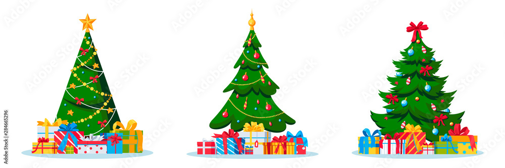 Holiday Christmas trees. Vector flat cartoon illustration. Celebrating New Year Eve greeting cards design elements.