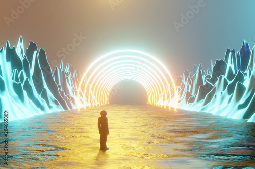 A man, an astronaut, stands on the surface of an alien planet and looks at a circles of neon. Silhouette against the backdrop of a fantastic landscape. 3d rendering. photo