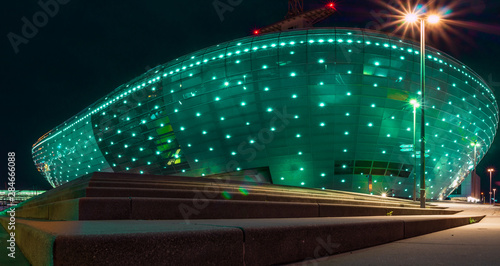 Alterhafen in Bremerhaven with hotel and climate house at night