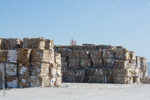 Waste paper is collected and packed for recycling. Cardboard and Paper Recycling