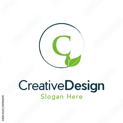 Initial C Green Letter and Leaf for Modern Beauty Nature Cosmetic, Vegan, Environmental, Creative Letter C Leaf Logo Design, Letter C Botanical Logo, Leaf Attached with Alphabet C