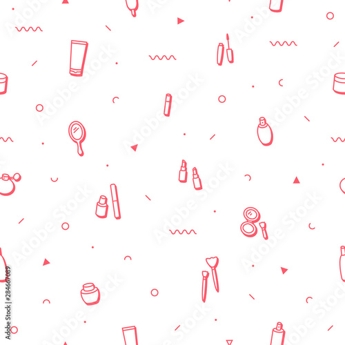 Memphis pattern with beauty products and geometric shapes. Fashion background in 90s 80s style. Triangle, wave, lipstick, makeup products and other graphic elements. Line art. Linear design.