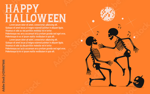 Two skeletons are dancing in the Halloween night party.