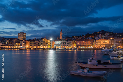 Neighbourhood Oneglia by night - old harbor of the city of Imperia, Region of Liguria, Italy