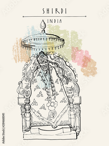 Shirdi, Maharashtra, India. Sai Baba temple. Travel sketch art. Vintage hand drawn postcard in vector