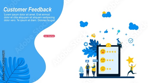 Website or landing page of Customer Feedback Tiny People Character Concept Vector Illustration, Suitable For Wallpaper, Banner, Background, Card,Book Illustration, Web Landing Page