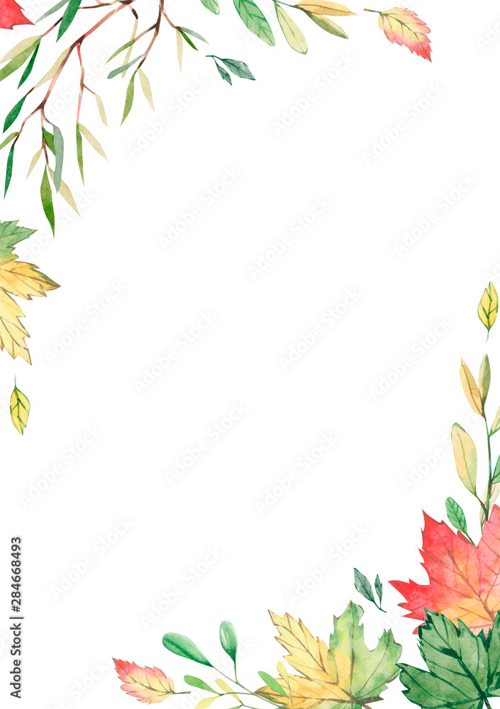 Watercolor autumn frame with branches and leaves isolated on white ...
