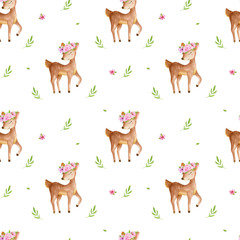 Sierkussen Baby hert patronen Cute watercolor baby deer animal seamless pattern, nursery isolated illustration for children clothing, patterns. Watercolor Hand drawn image Perfect for phone cases design, nursery  © iryna_boiko