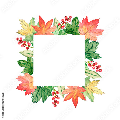 Watercolor autumn banner with leaves and branches isolated on white background. Illustration for greeting cards, wedding invitations, floral poster. Forest design