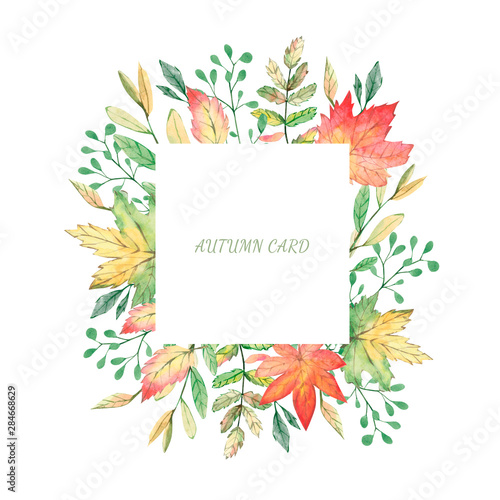 Watercolor autumn banner with leaves and branches isolated on white background. Illustration for greeting cards, wedding invitations, floral poster. Forest design