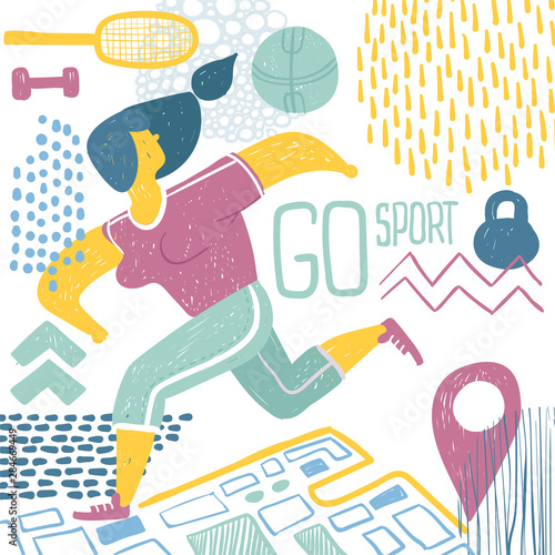 Young woman goes in for different sports to become stronger. Hand drawn flat style vector design illustrations.