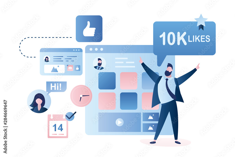 Followers gives like sign and very happy businessman with 10 thousand likes