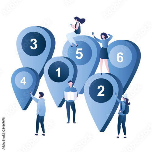 People travellers with smartphones.Big navigation pointers with numbers