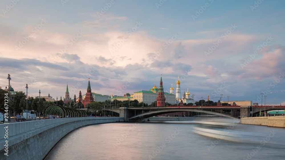 view of moscow kremlin and river at the evening