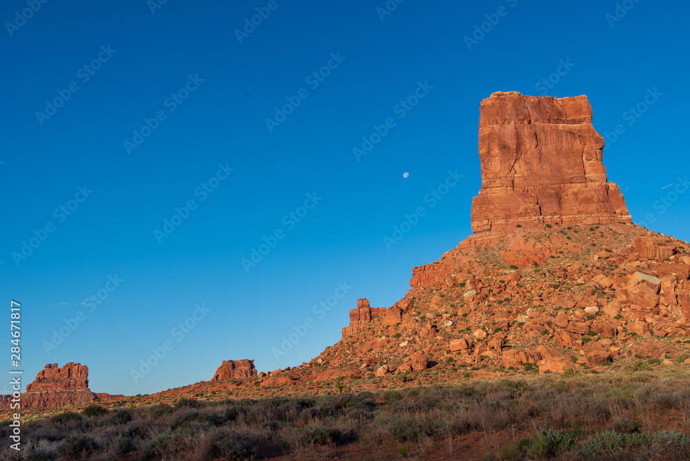 Low angle landscape of red stone butte at Valley of the Gods in Bears Ears National Monument in Utah Low angle landscape of red stone butte at Valley of the Gods in Bears Ears National Monument in Utah
