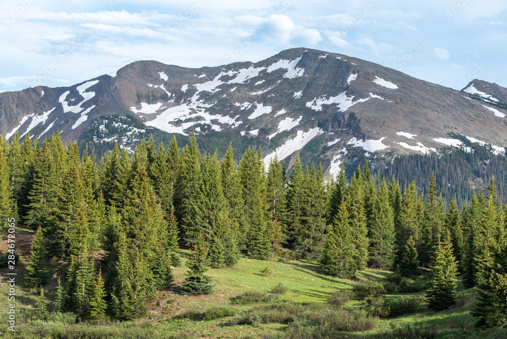 Obraz premium Snow dappled San Juan Mountains, trees and meadow at Little Molas Lake in Colorado