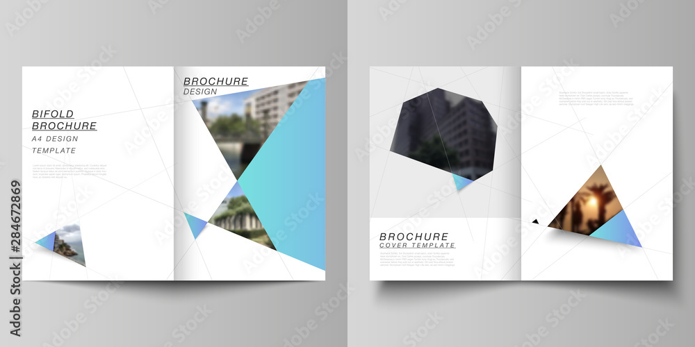 The vector layout of two A4 format modern cover mockups design templates for bifold brochure, magazine, flyer, report. Creative background with blue triangles and triangular shapes. Simple design.