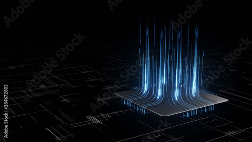 3D Rendering of digital binary data on microchip with glow circuit board background. Concept of for deep machine learning, crypto currency, hi tech product uses. Big data visualization, cpu processing