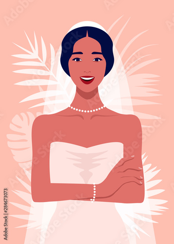 A happy bride is standing with arms crossed and laughing. The girl in a wedding dress and with a veil. Vector flat illustration