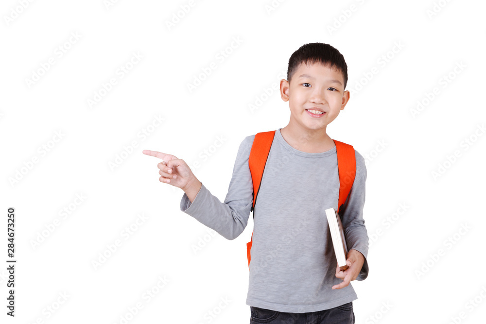 Asian Boy School kid holding book with backpack Full Body isolated on ...
